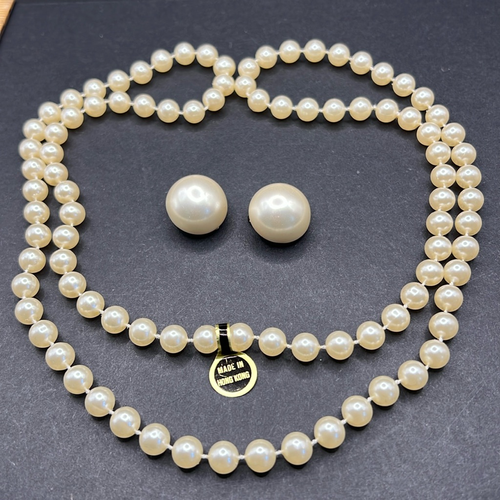Vintage Hong Kong Pearl Necklace And Clip On Earrings